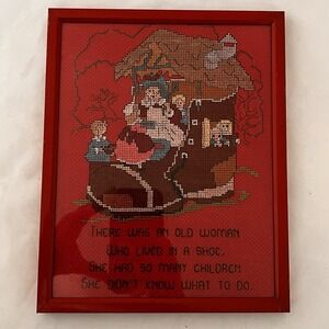 Vintage Needlepoint Old‎ Woman Shoe Nursery Rhyme Framed Wall Art Red